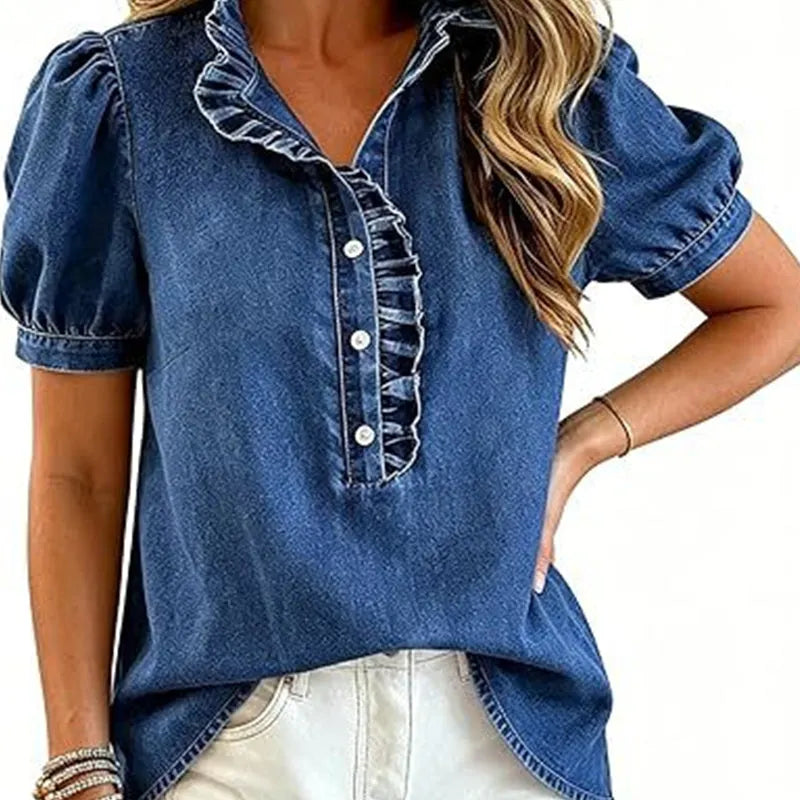 Top vaquero femenino | Con cuello volante y mangas abullonadas