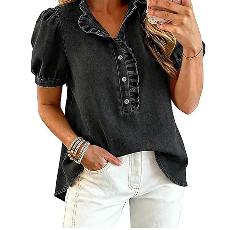 Top vaquero femenino | Con cuello volante y mangas abullonadas