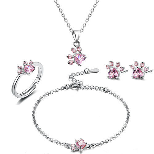 Conjunto de Joyería de Huella en Oro Rosa – 4 Piezas con Corazón de Circonia (Anillo, Collar, Pendientes, Pulsera)