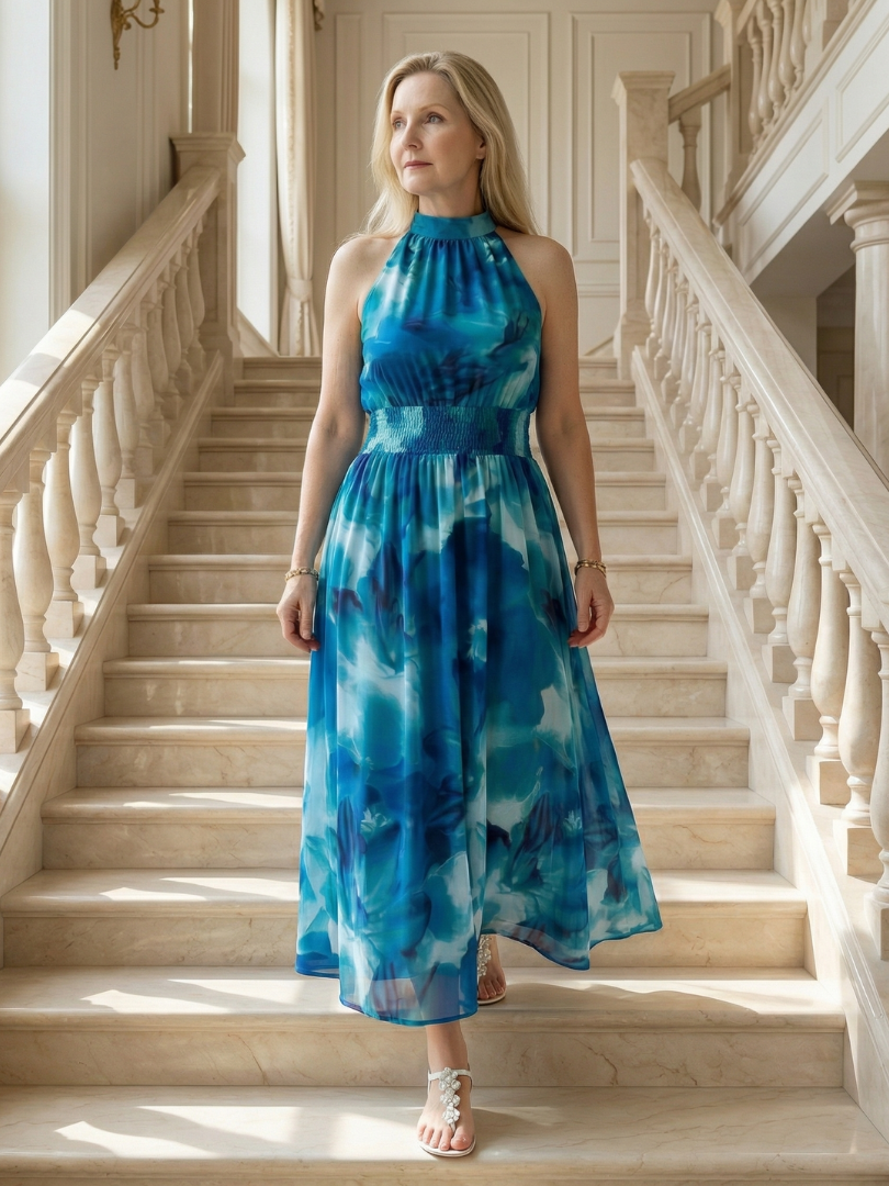 Sylin | Vestido Midi con Cuello Halter Fruncido