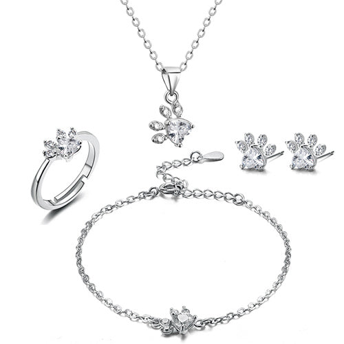 Conjunto de Joyería de Huella en Oro Rosa – 4 Piezas con Corazón de Circonia (Anillo, Collar, Pendientes, Pulsera)