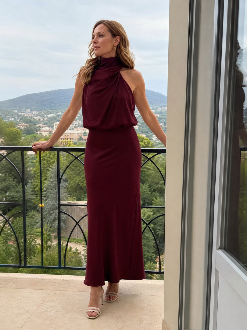 Nopal | Vestido Midi Sin Mangas con Cuello Drapado