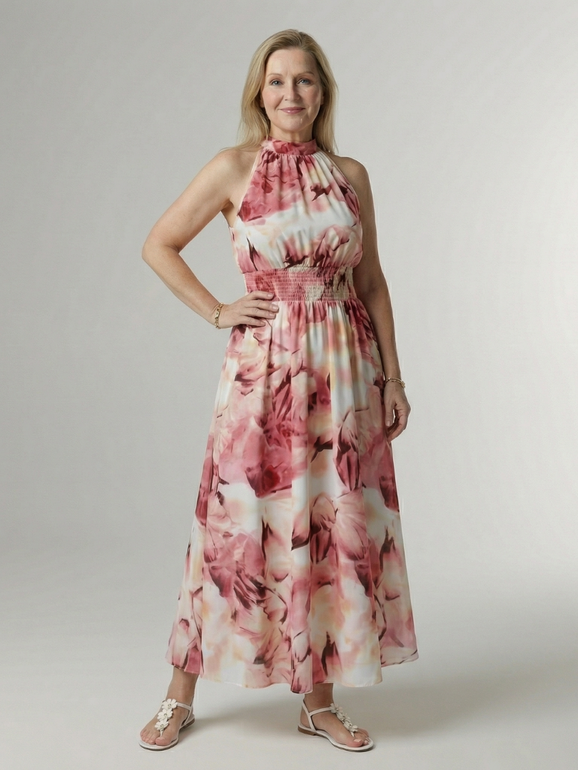 Sylin | Vestido Midi con Cuello Halter Fruncido