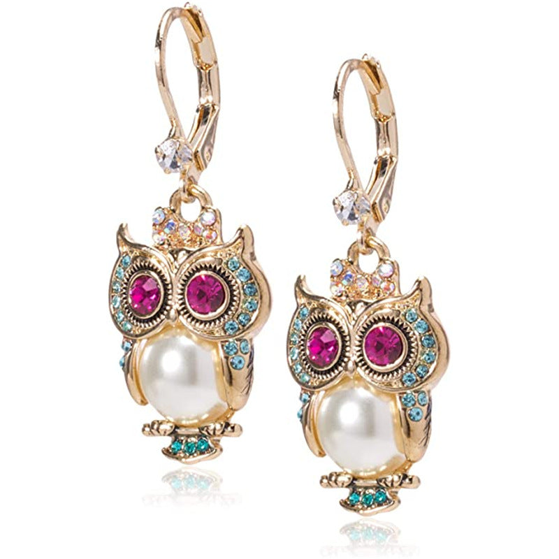 Pendientes de Cristal de Búho Vintage – Cristales Engastados a Mano con Detalle en Perla y Baño de Oro