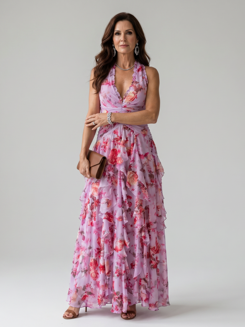 Nori | Vestido Maxi Floral con Escote Halter y Cuerpo Fruncido