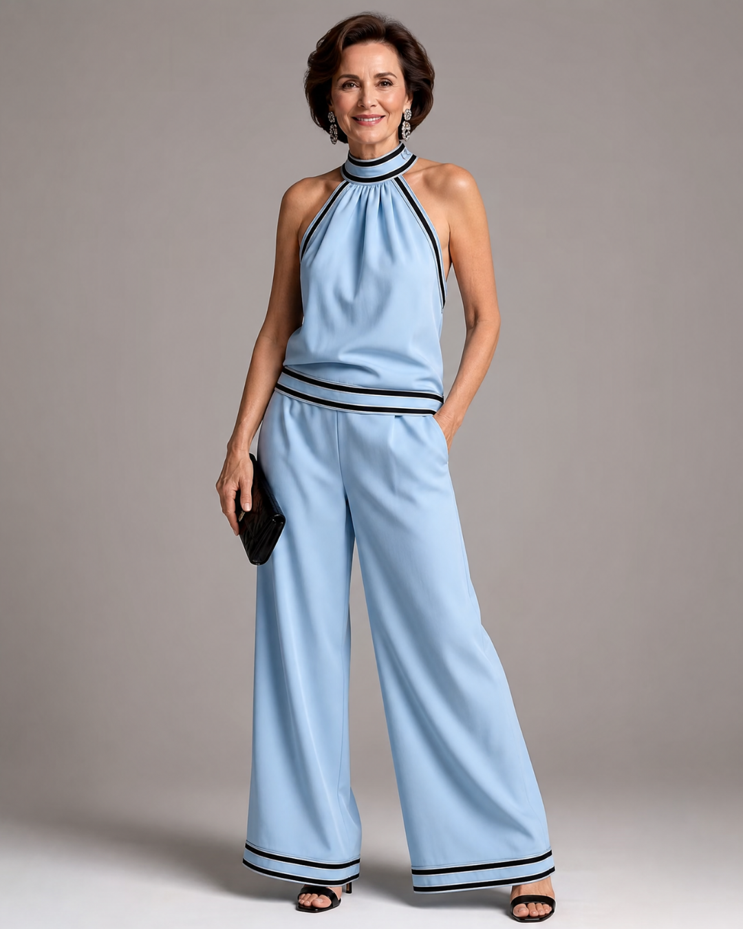 Graciela | Mono de pierna ancha con cuello halter y detalles en contraste