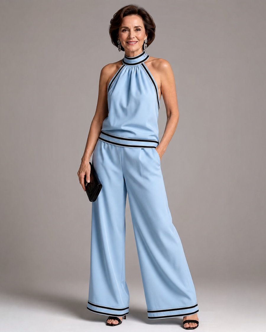 Graciela | Mono de pierna ancha con cuello halter y detalles en contraste