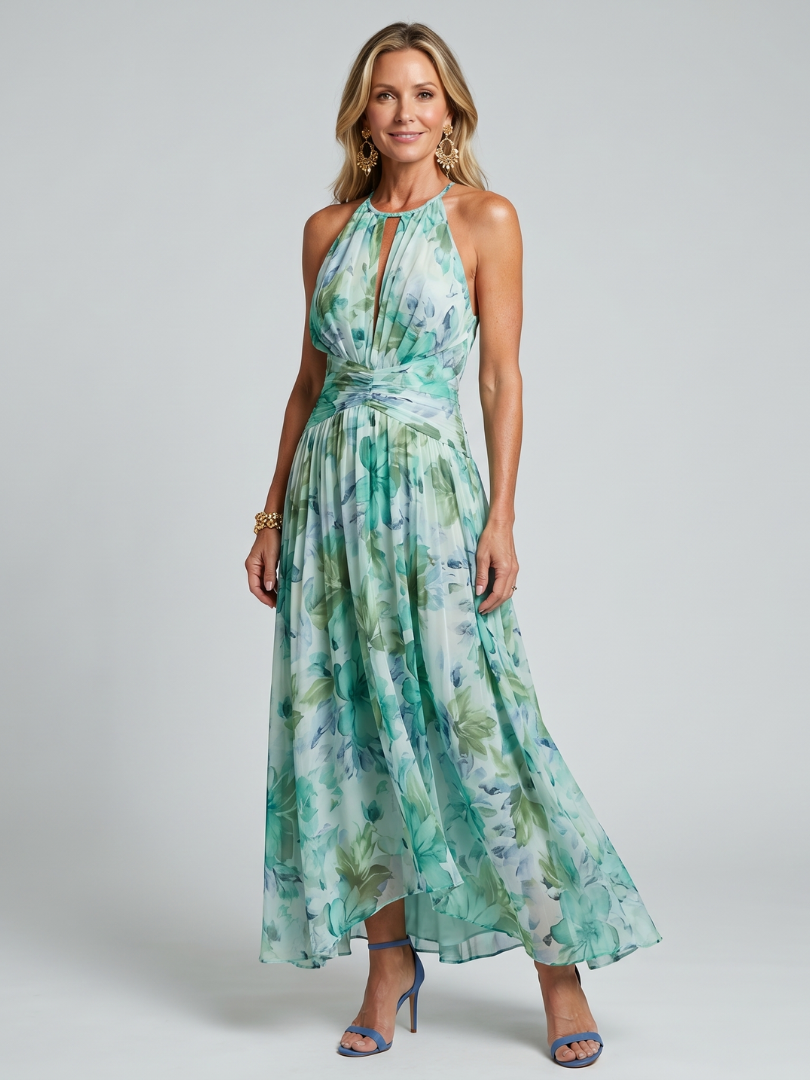 Portia | Vestido Midi de Flores Suaves con Cuello Halter Plisado