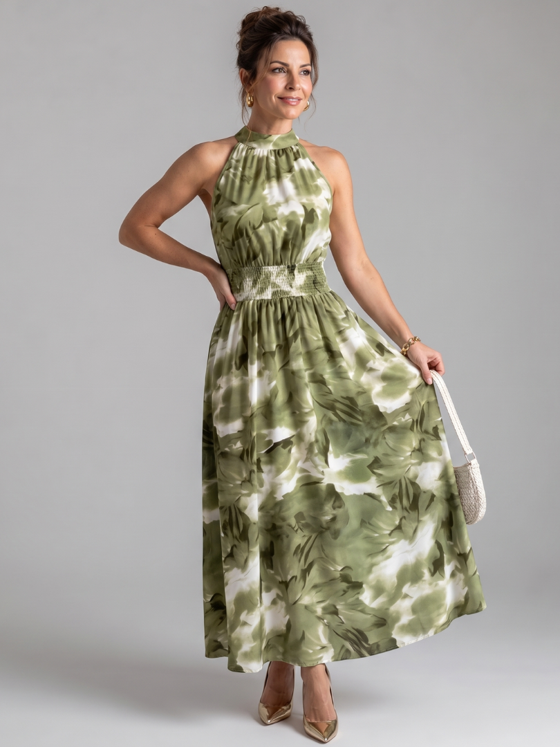 Olivia | Vestido Midi de Talle Recogido con Estampado Abstracto