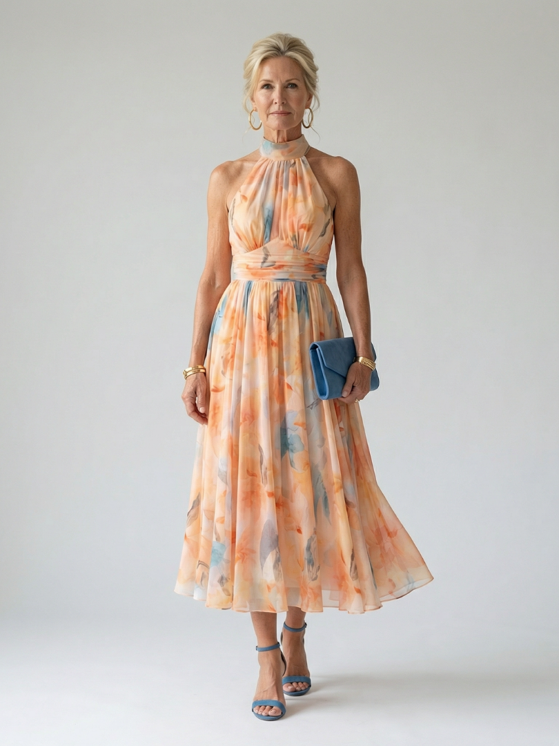 Esther | Vestido de Cuello Halter con Estampado de Acuarela