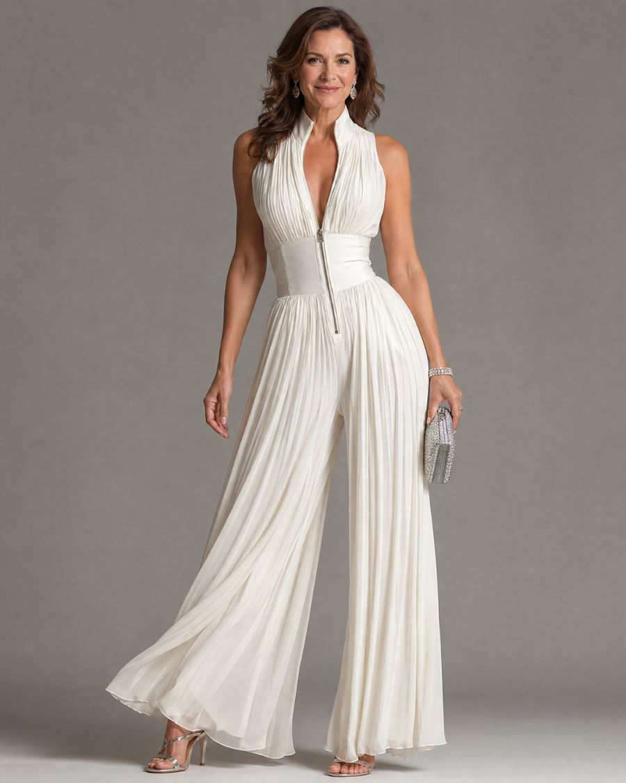 Teodora | Mono de pierna ancha con cuello halter plisado y cintura ajustada