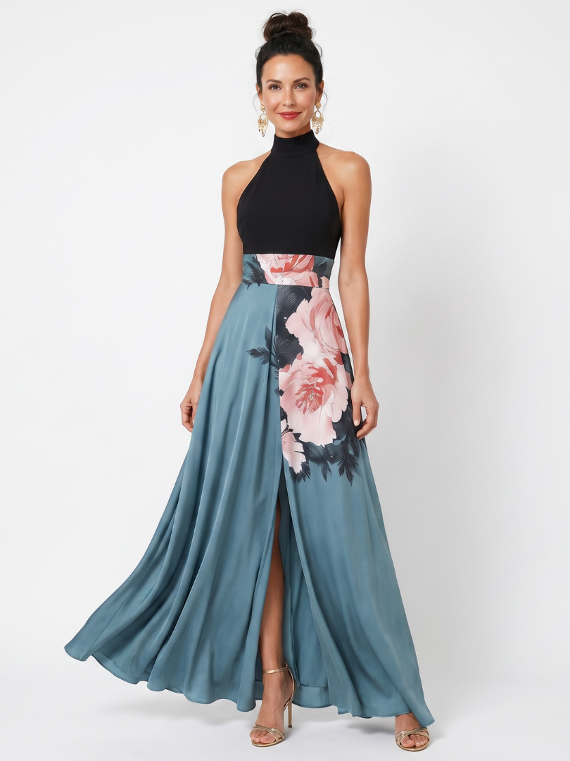 Olympas | Vestido Maxi de Falda Floral con Cuerpo Halter