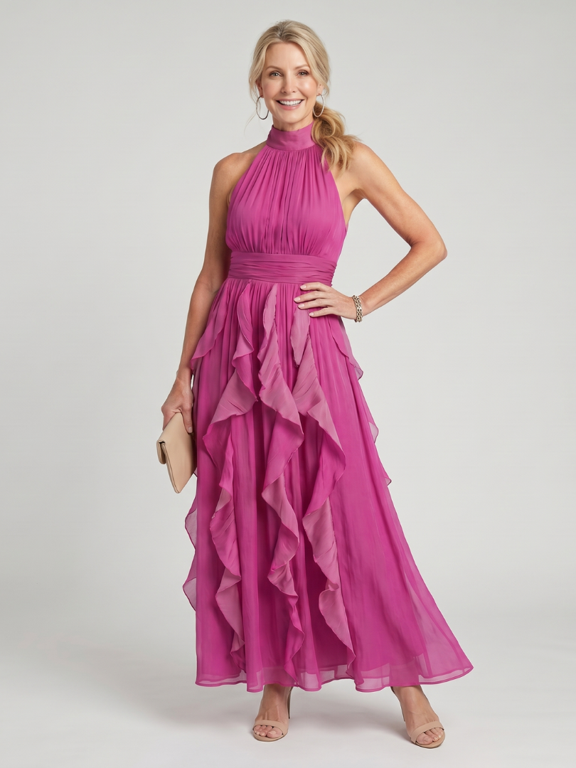 Orea | Vestido Maxi con Cuello Alto y Volantes Acampanados