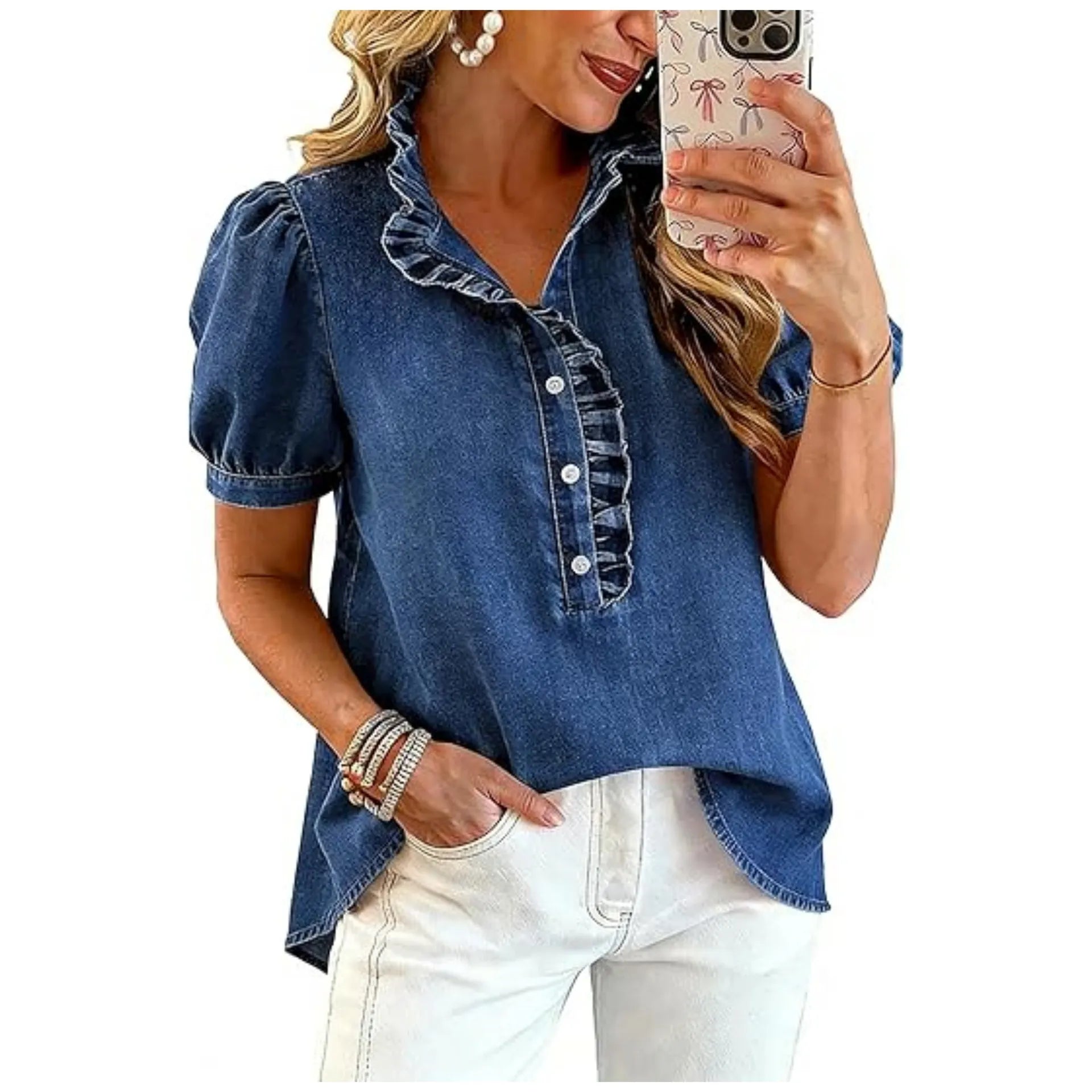 Top vaquero femenino | Con cuello volante y mangas abullonadas