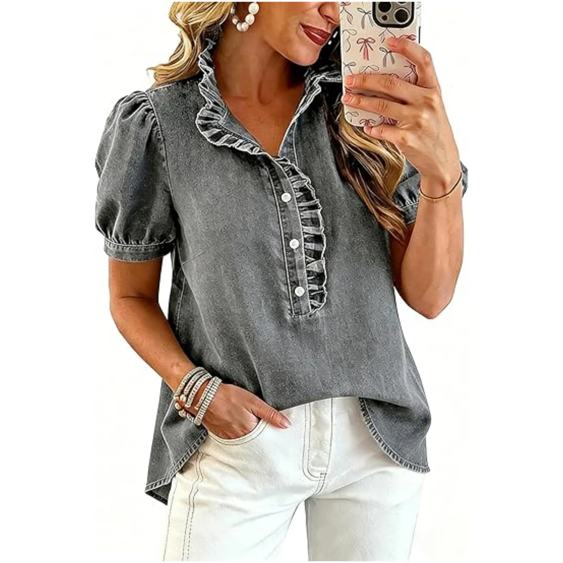 Top vaquero femenino | Con cuello volante y mangas abullonadas