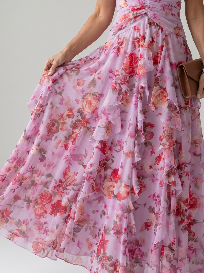 Nori | Vestido Maxi Floral con Escote Halter y Cuerpo Fruncido