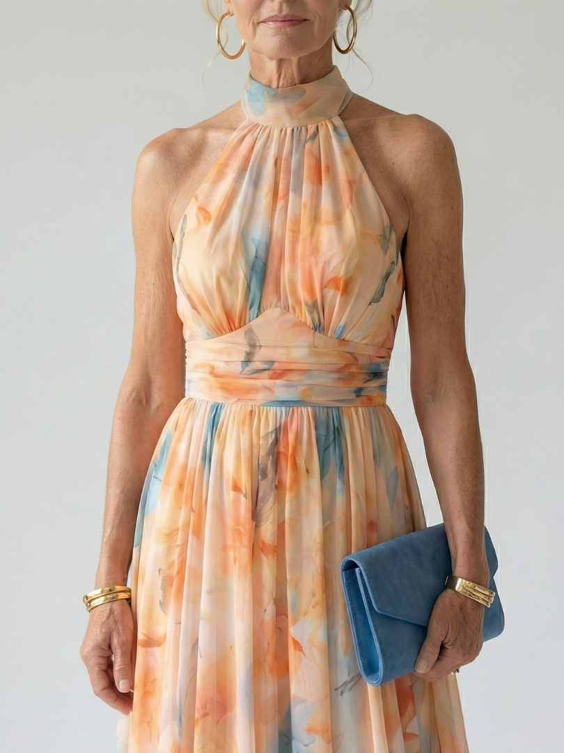 Esther | Vestido de Cuello Halter con Estampado de Acuarela