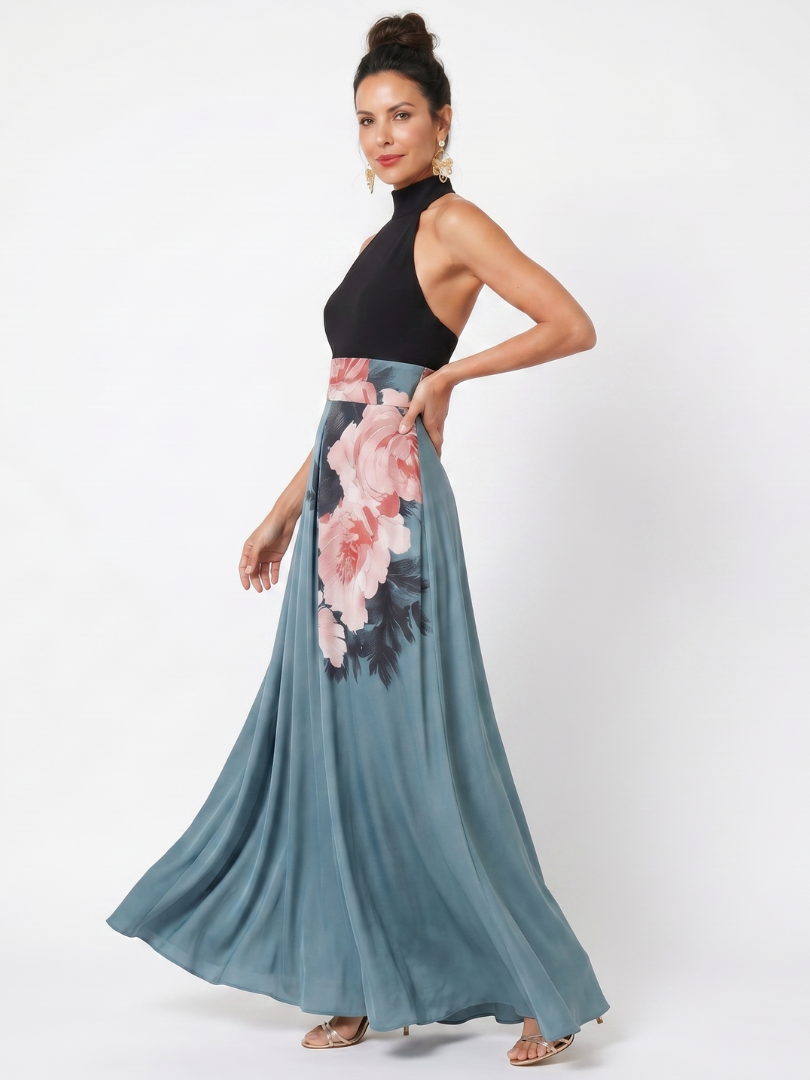 Olympas | Vestido Maxi de Falda Floral con Cuerpo Halter