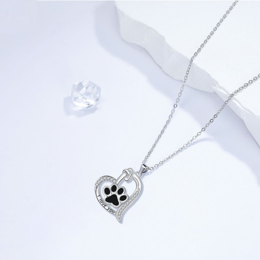 Collar con Colgante de Huella de Perro en Forma de Corazón con Zirconia