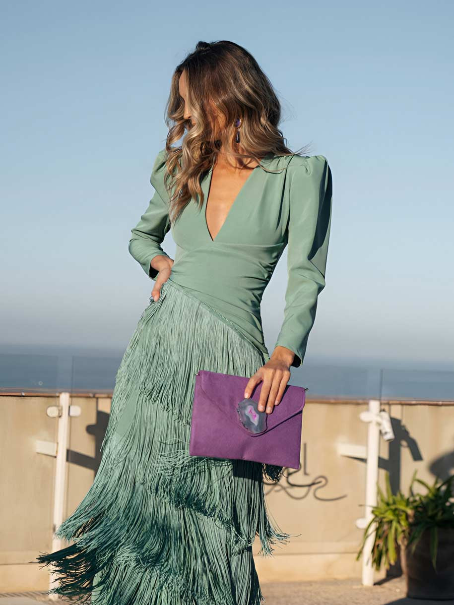 Frida | Vestido midi con flecos en verde salvia