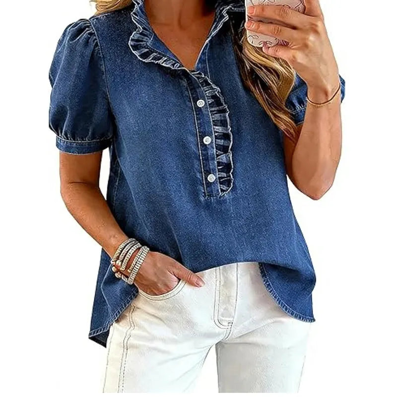 Top vaquero femenino | Con cuello volante y mangas abullonadas