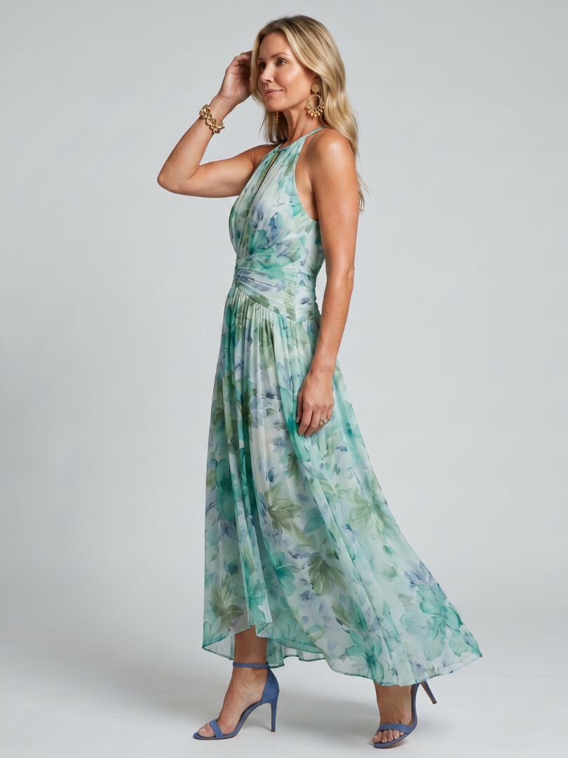 Portia | Vestido Midi de Flores Suaves con Cuello Halter Plisado