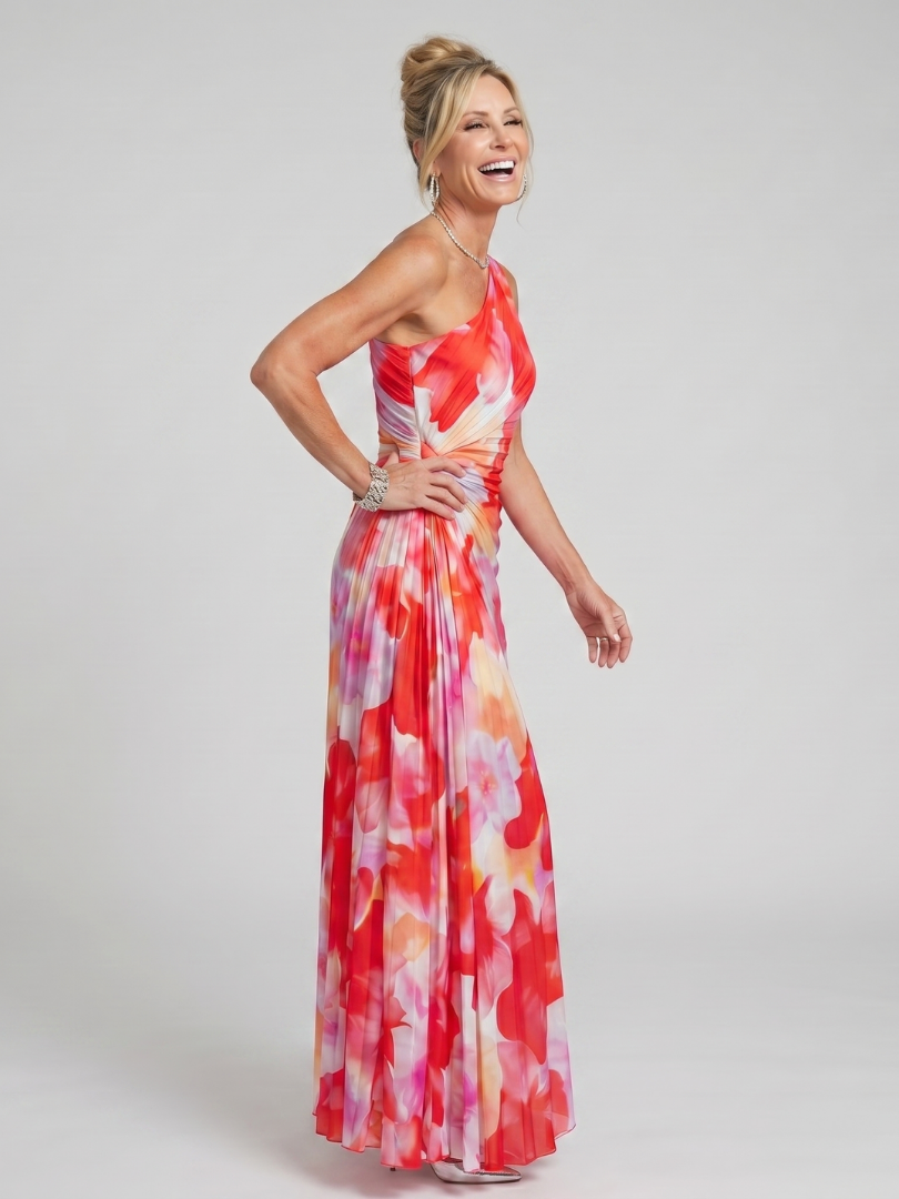 Taya | Vestido Midi con Cuerpo Plisado de Un Hombro