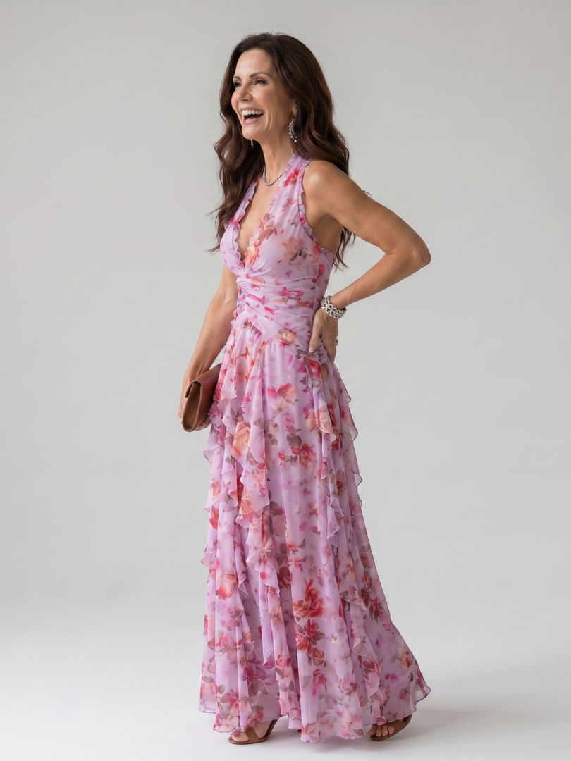 Nori | Vestido Maxi Floral con Escote Halter y Cuerpo Fruncido