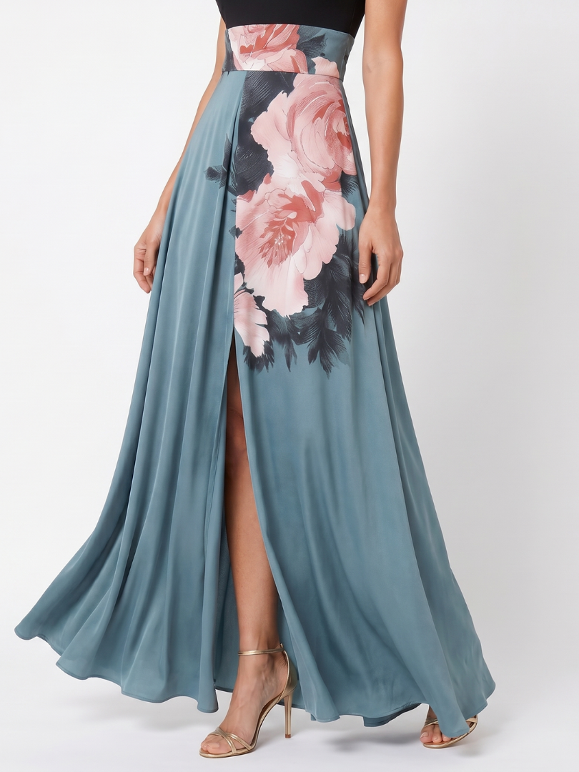 Olympas | Vestido Maxi de Falda Floral con Cuerpo Halter