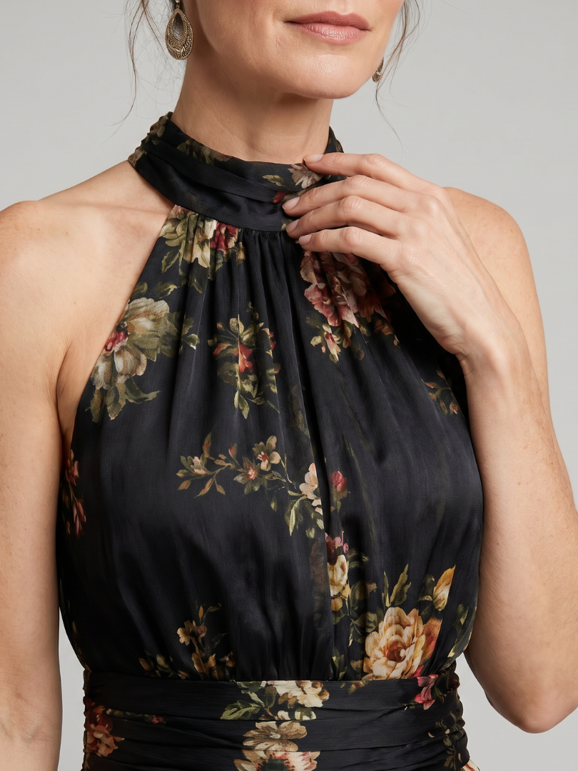 Sior | Vestido Midi con Cuello Halter Floral