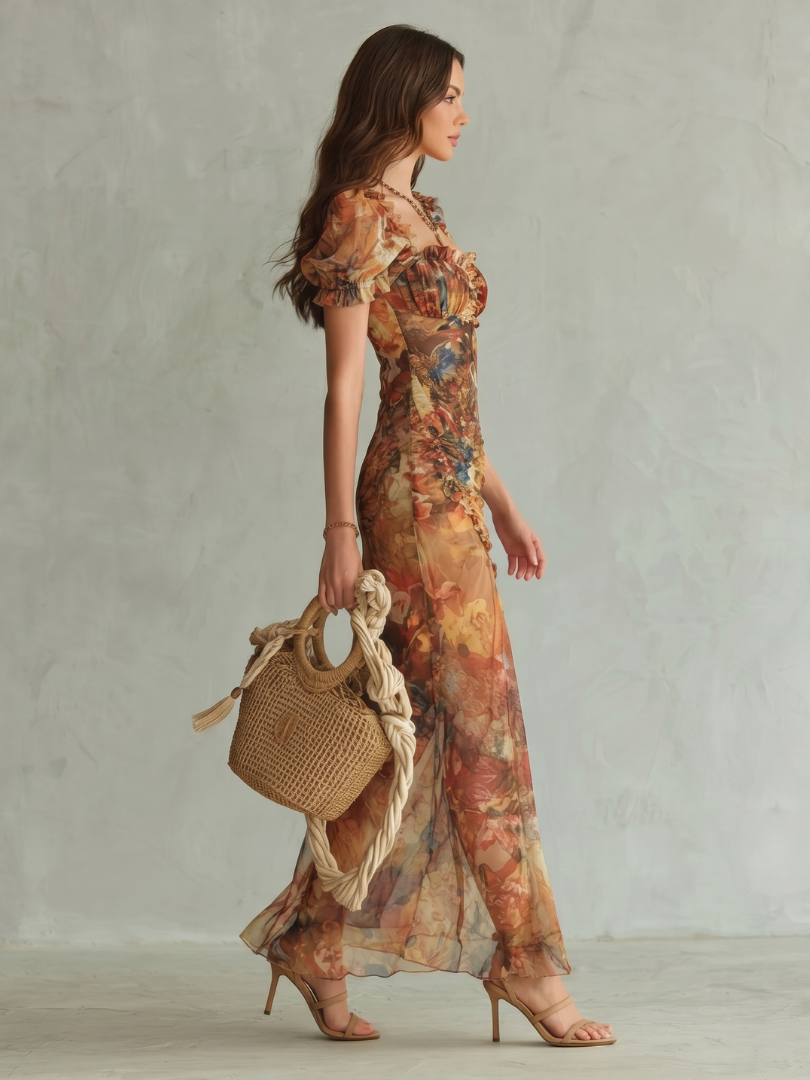 Ciel | Vestido Midi Arrugado con Mangas Voladas