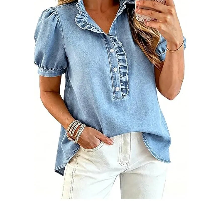 Top vaquero femenino | Con cuello volante y mangas abullonadas