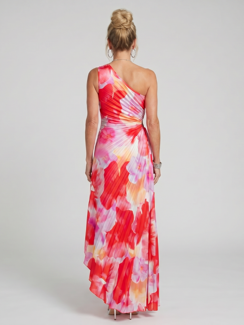 Taya | Vestido Midi con Cuerpo Plisado de Un Hombro
