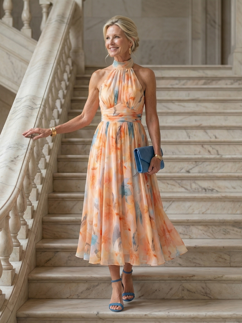 Esther | Vestido de Cuello Halter con Estampado de Acuarela