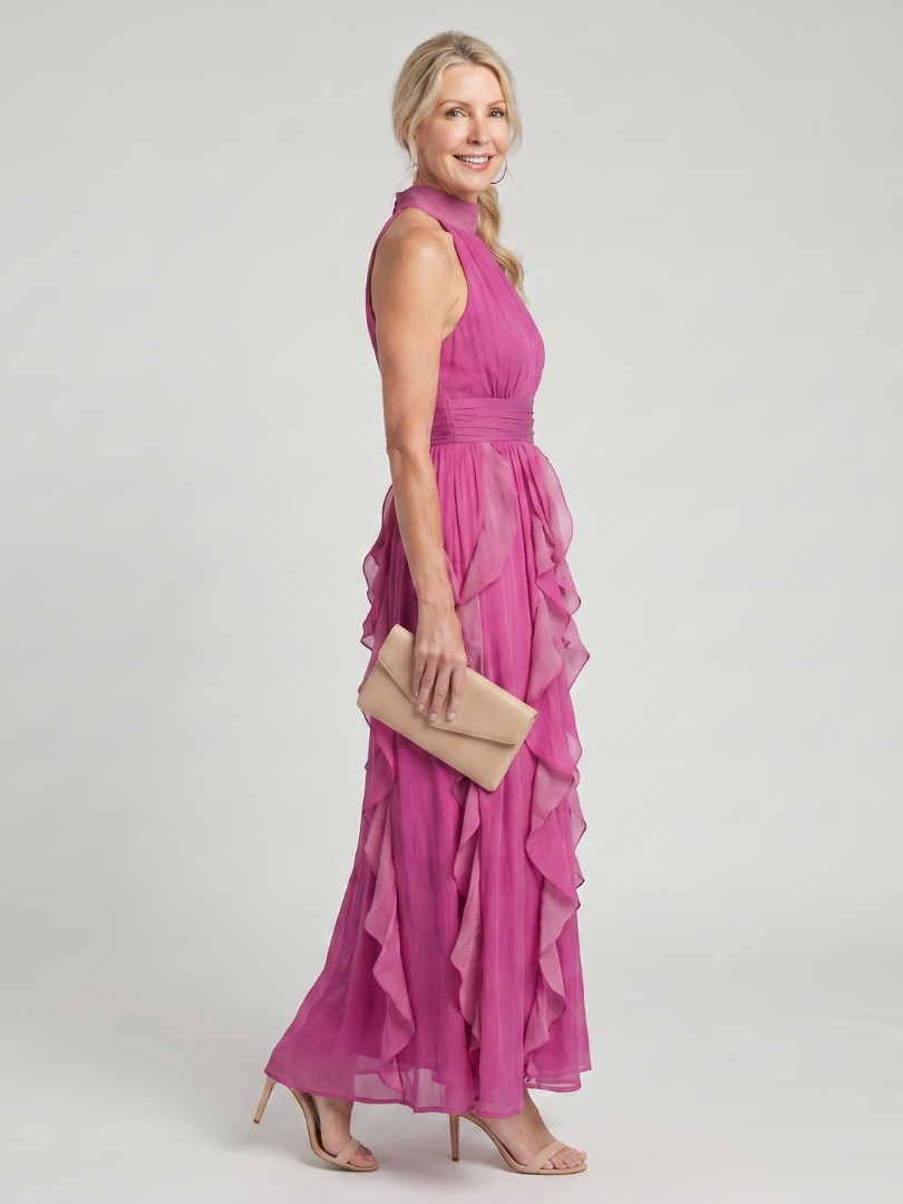 Orea | Vestido Maxi con Cuello Alto y Volantes Acampanados