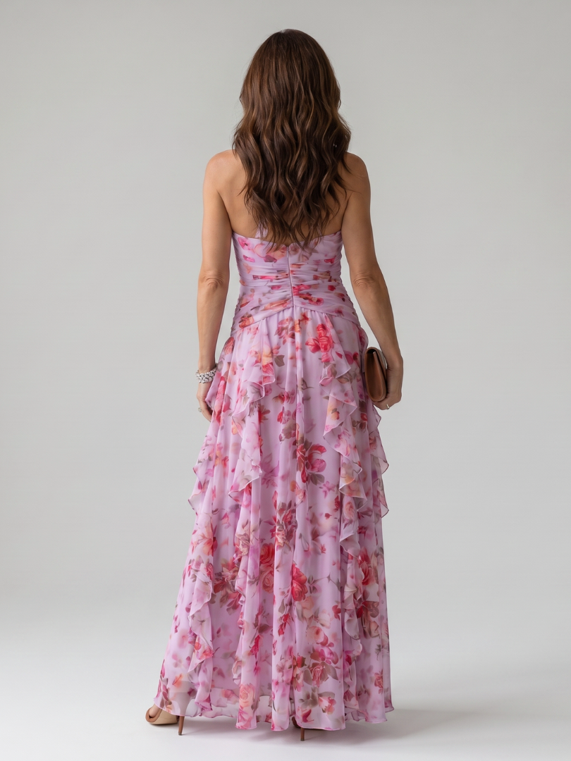 Nori | Vestido Maxi Floral con Escote Halter y Cuerpo Fruncido