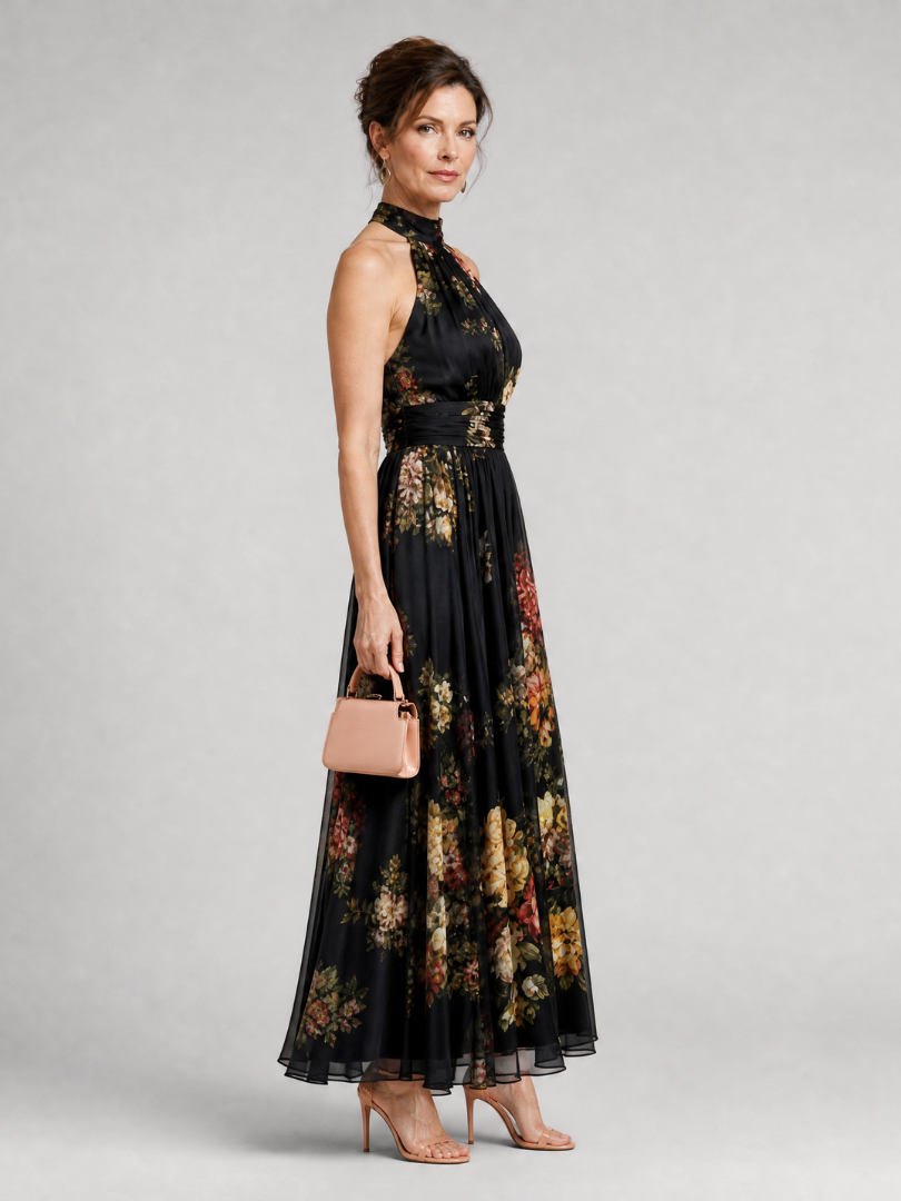 Sior | Vestido Midi con Cuello Halter Floral