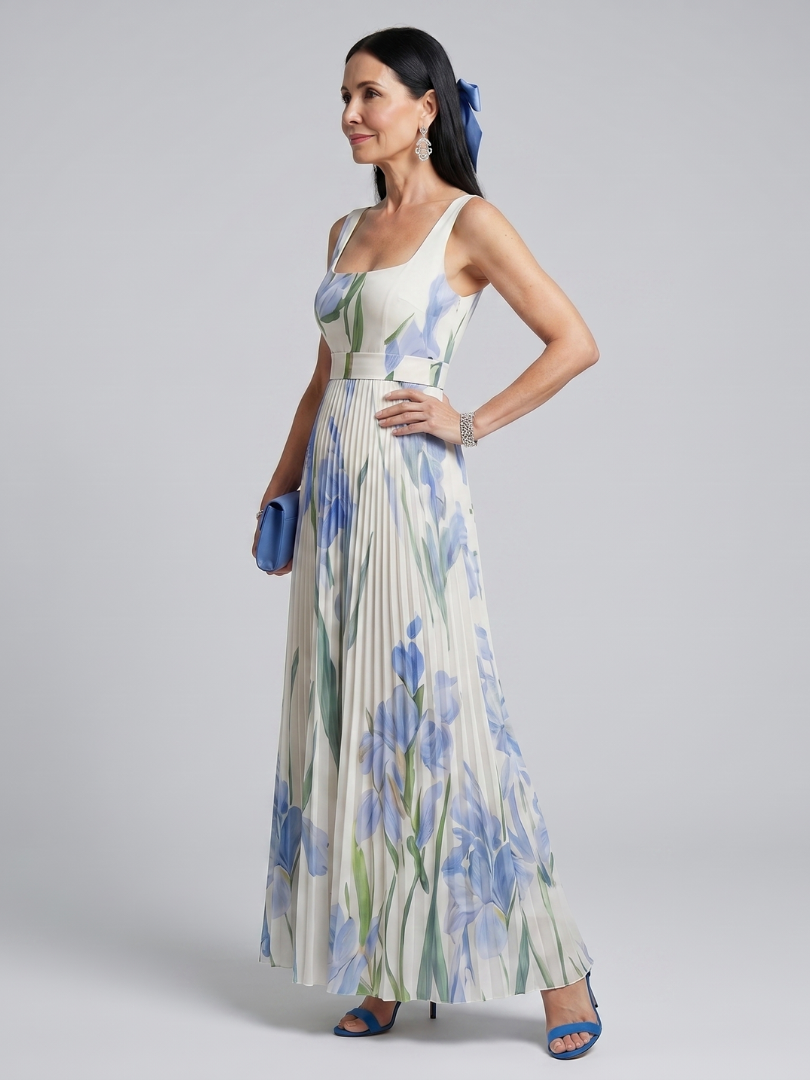 Ophelia | Vestido midi sin mangas con escote cuadrado y estampado floral
