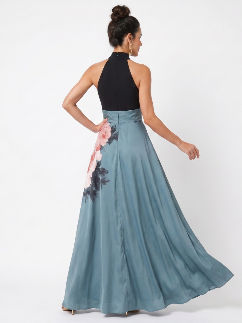 Olympas | Vestido Maxi de Falda Floral con Cuerpo Halter