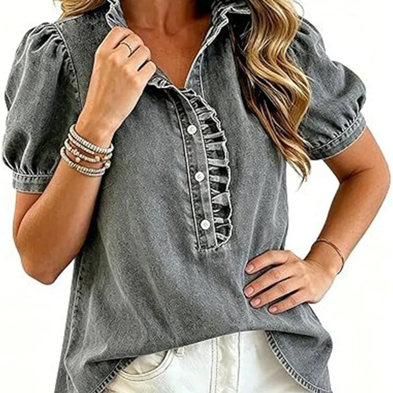 Top vaquero femenino | Con cuello volante y mangas abullonadas