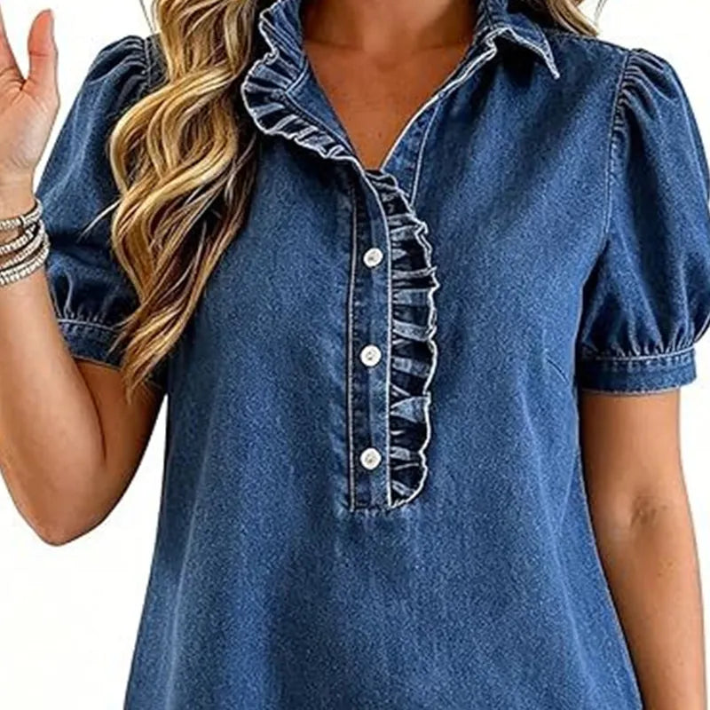 Top vaquero femenino | Con cuello volante y mangas abullonadas