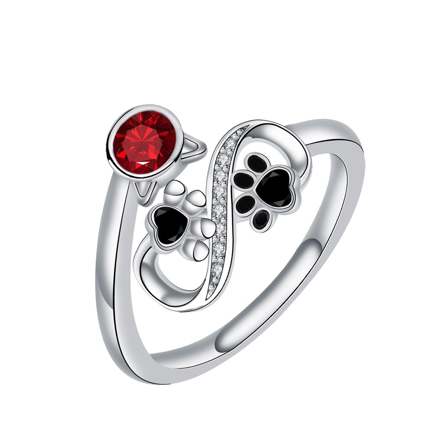 Anillo Ajustable con Huella de Pata Negra y Piedra Roja