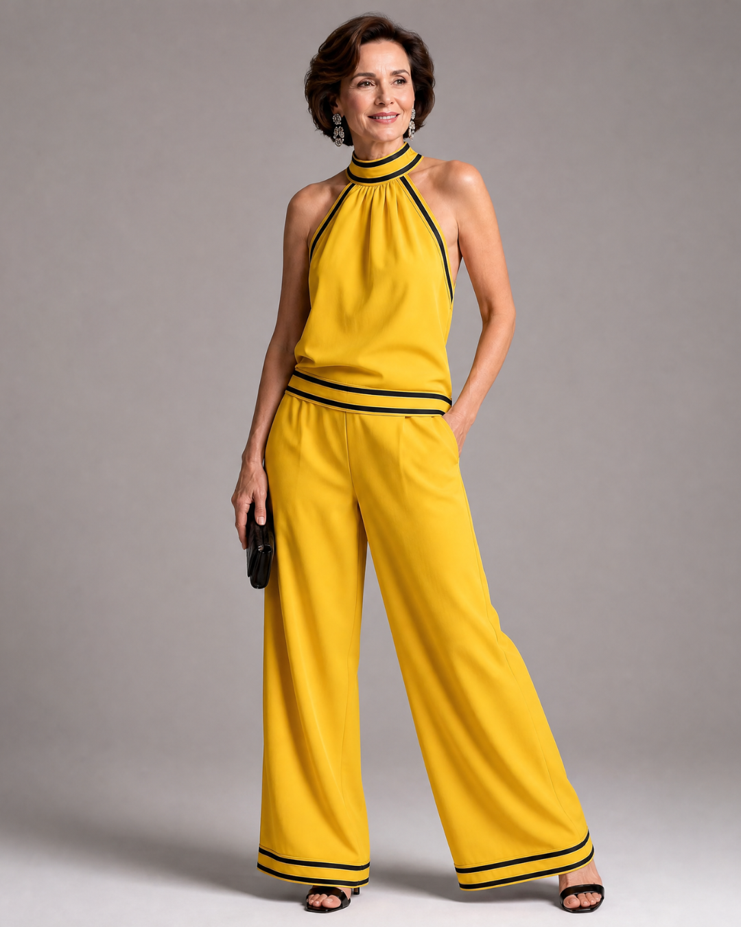 Graciela | Mono de pierna ancha con cuello halter y detalles en contraste