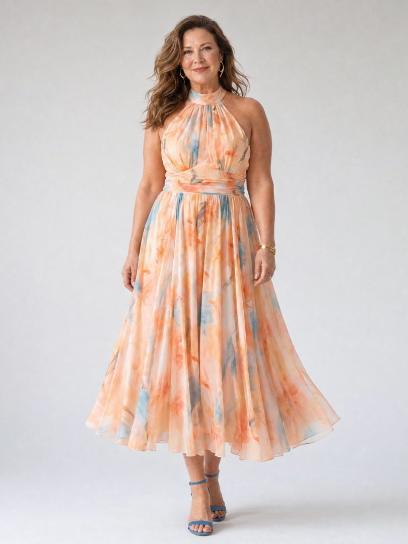 Esther | Vestido de Cuello Halter con Estampado de Acuarela