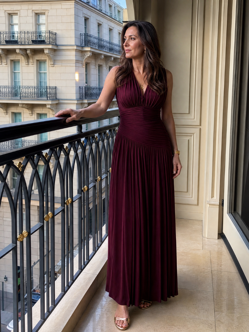 Lemar | Vestido Midi Sin Mangas con Pliegues y Escote en V