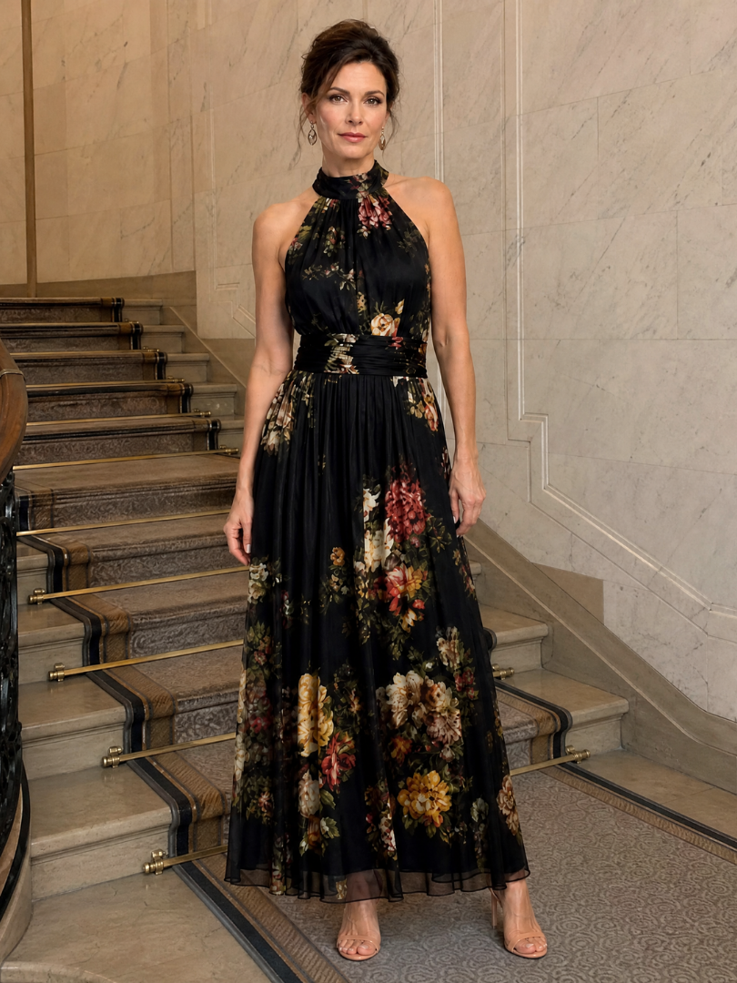 Sior | Vestido Midi con Cuello Halter Floral