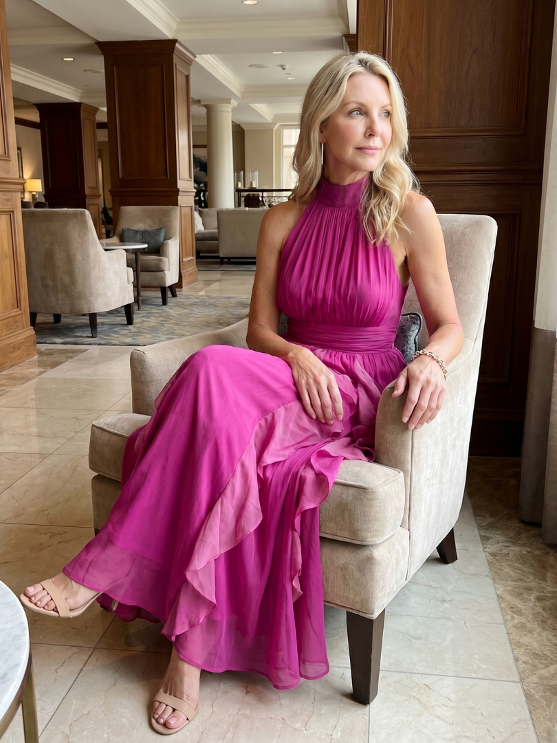 Orea | Vestido Maxi con Cuello Alto y Volantes Acampanados