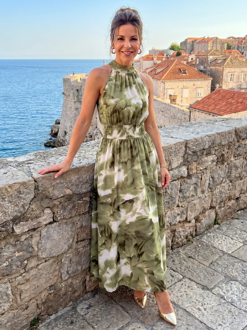 Olivia | Vestido Midi de Talle Recogido con Estampado Abstracto