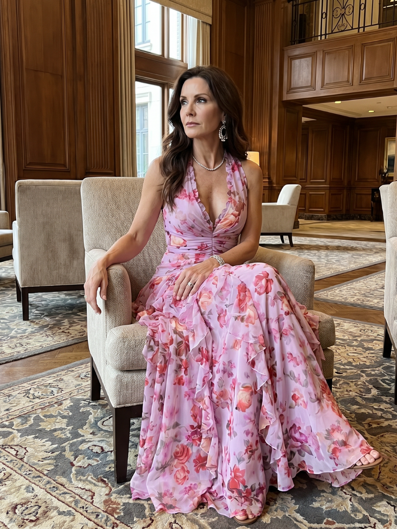 Nori | Vestido Maxi Floral con Escote Halter y Cuerpo Fruncido