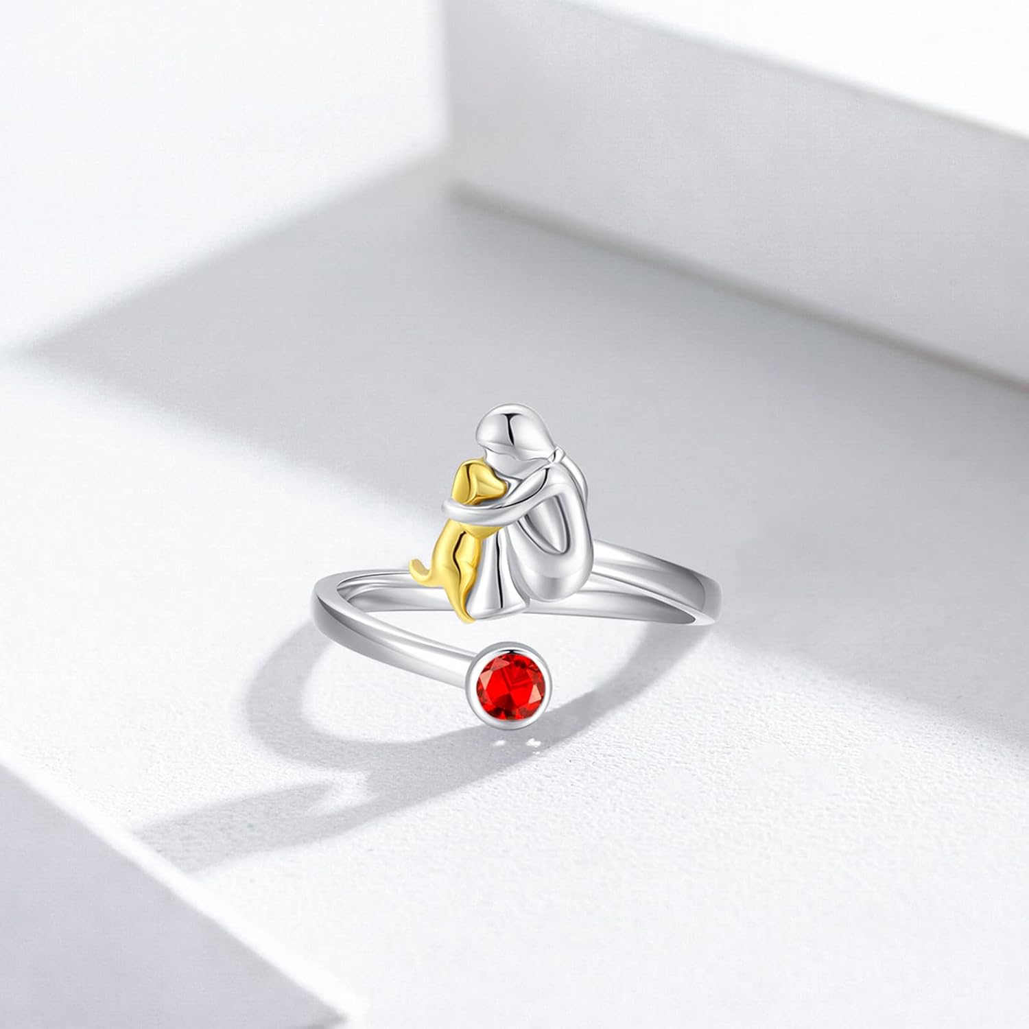 Anillo de Plata Esterlina de Perro y Niña – Ajustable y Simbólico